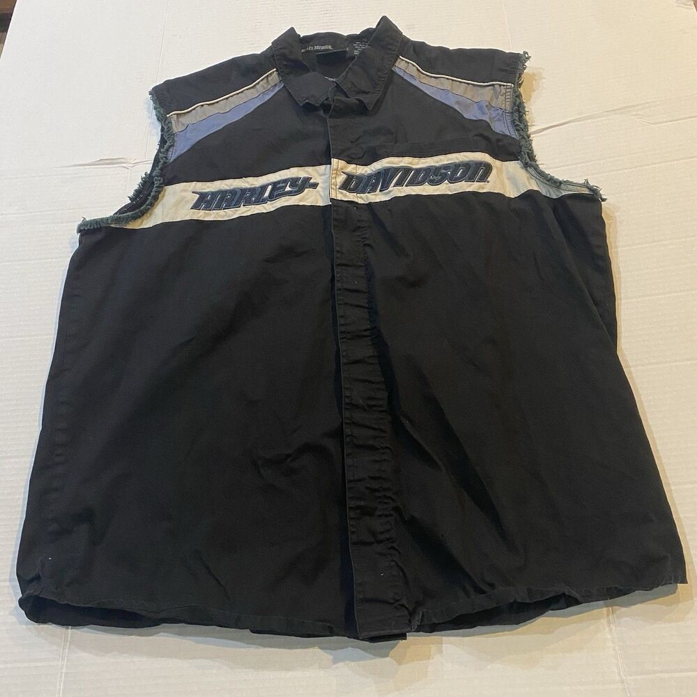 Harley-Davidson Men’s Embroidered Spell Out Distressed Armholes Button-Up VestXL